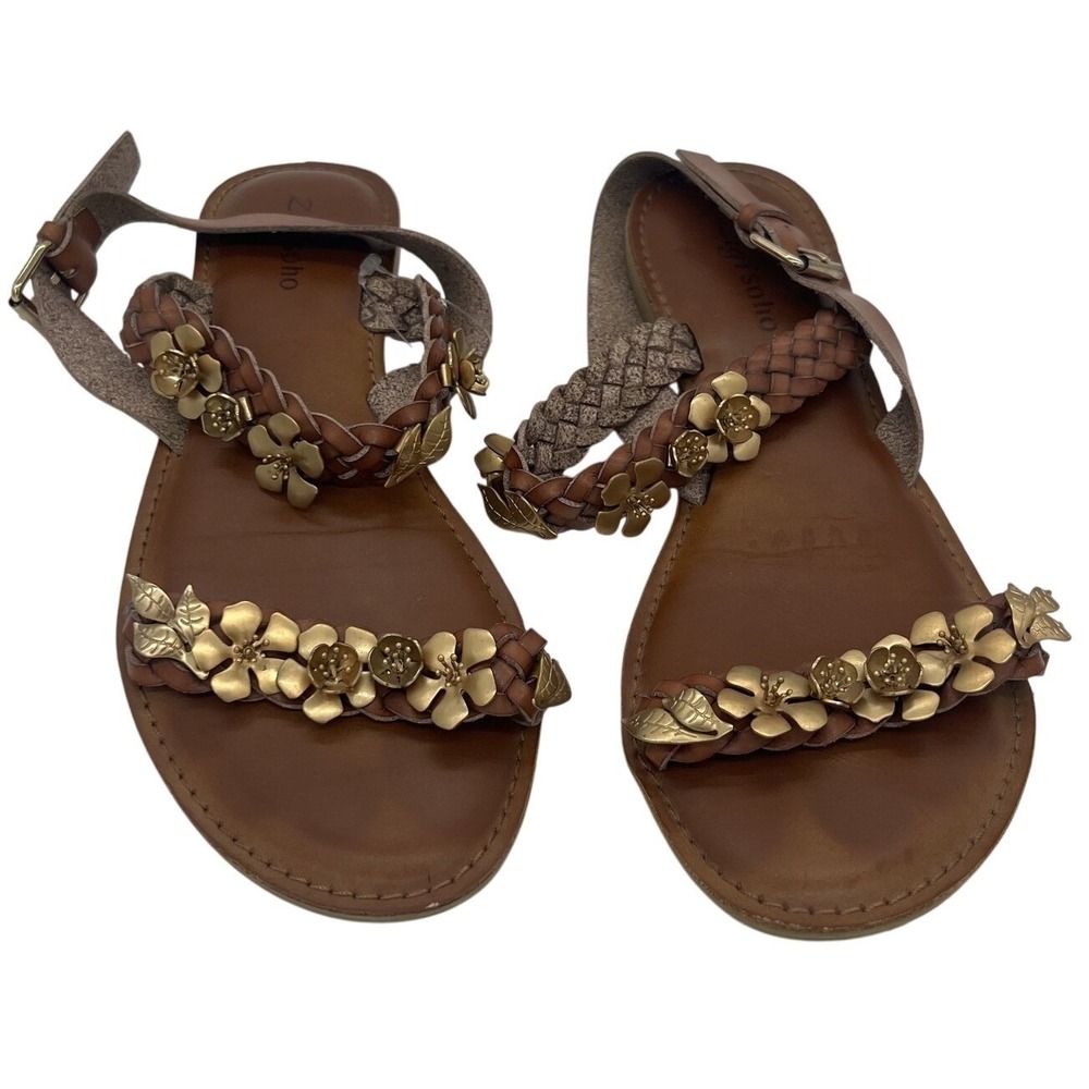 Zigisoho Women's Brya Flat Sandals US 9 Brown Gold Floral Braided‎ Ankle Strap